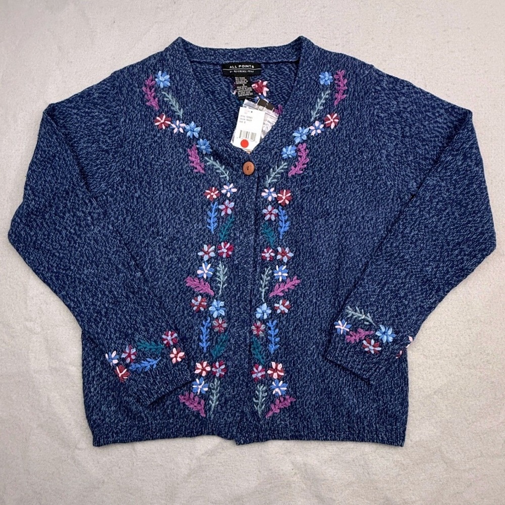 Vintage All Points Floral Embroidered Knit Cardigan Sweater Small Cottagecore